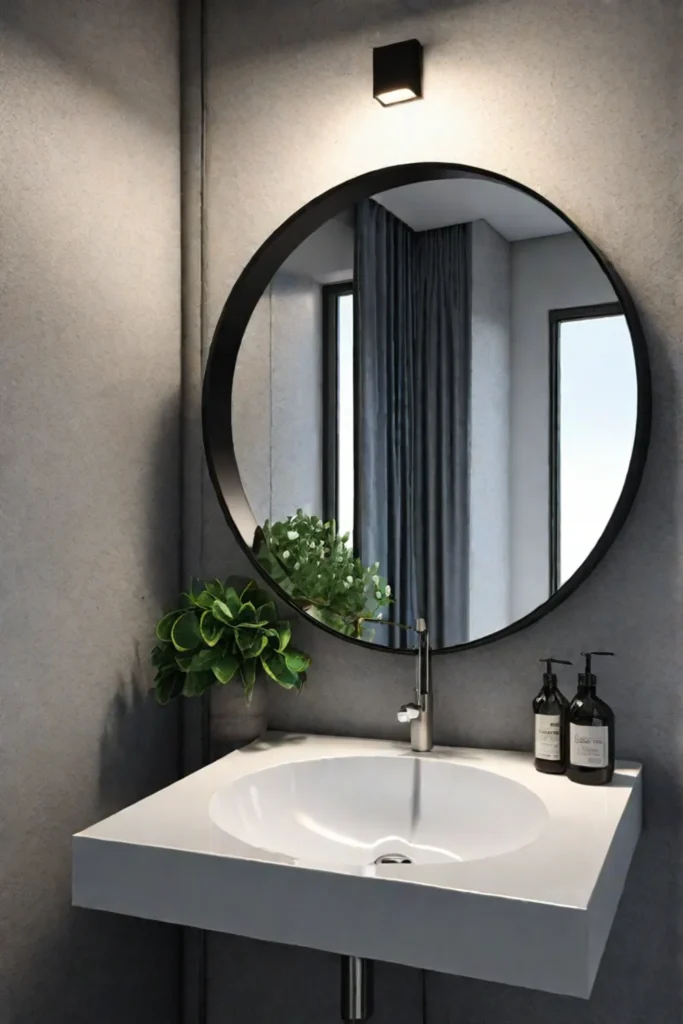 Bathroom with round mirror reflecting window