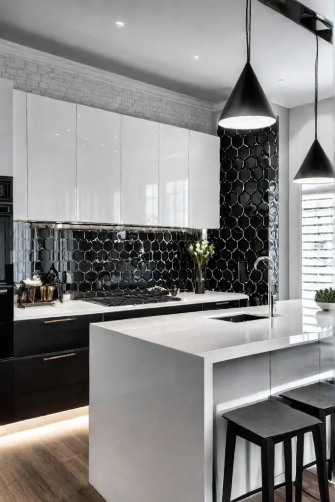 Black and white backsplash in white kitchen