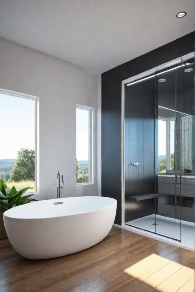 Bright and spacious small bathroom with corner shower