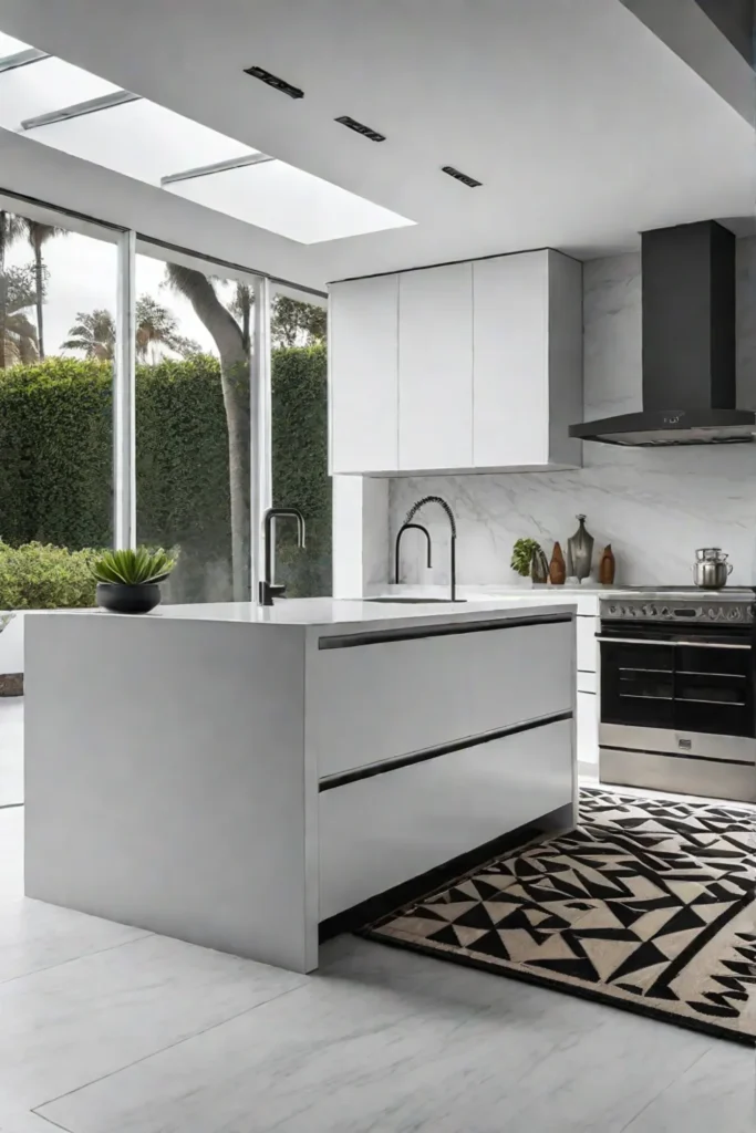 Contemporary white kitchen with abstract sculpture and vintage rug