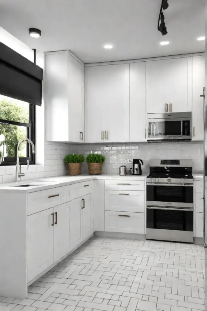 Efficient small kitchen design with white shaker cabinets