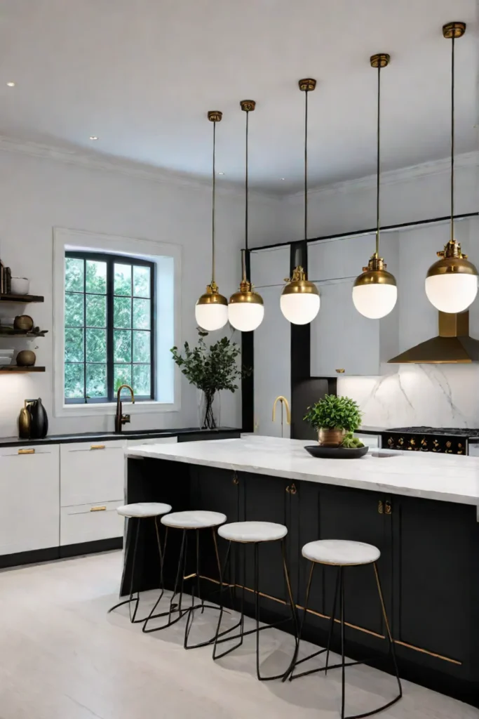 Elegant white kitchen with brass accents and statement lighting