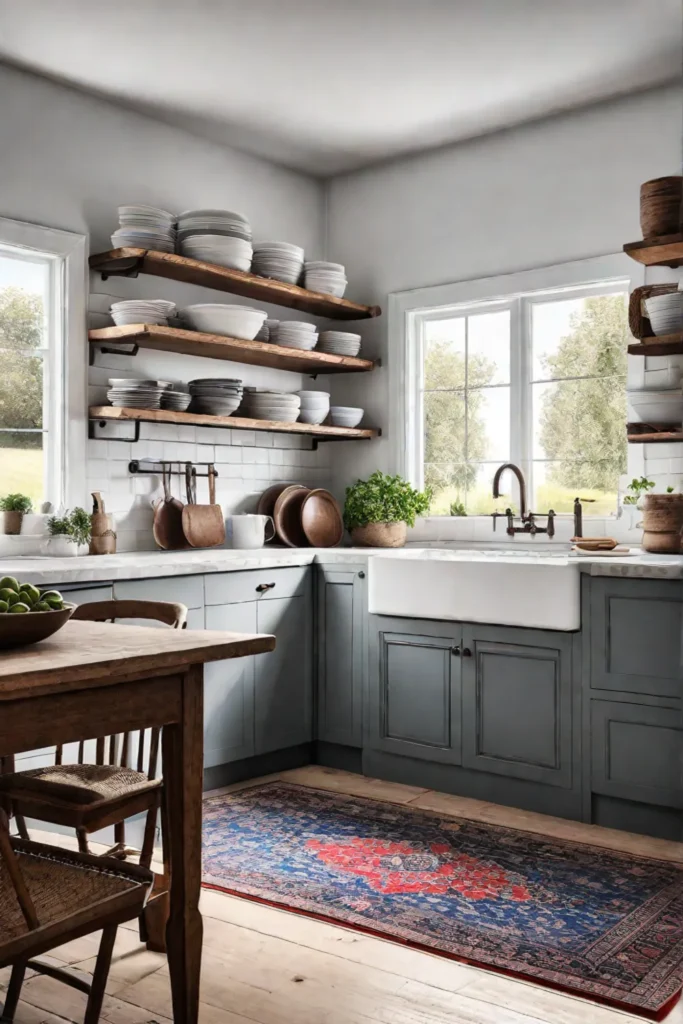 Farmhouse kitchen design with vintage rug and open shelving