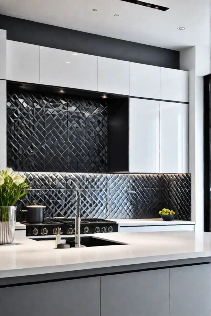 Geometric backsplash tiles in modern kitchen