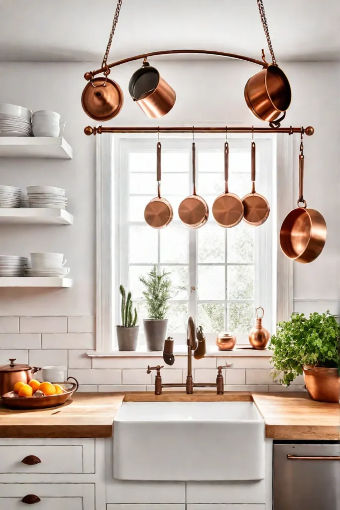 Inviting white kitchen with copper accents and farmhouse elements
