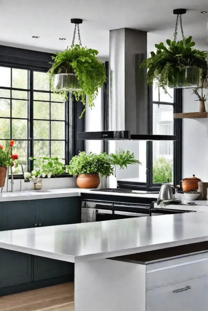 Lively white kitchen with indoor plants and natural light