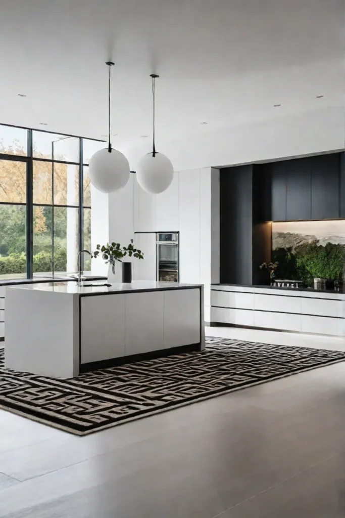 Minimalist kitchen design with bold art piece