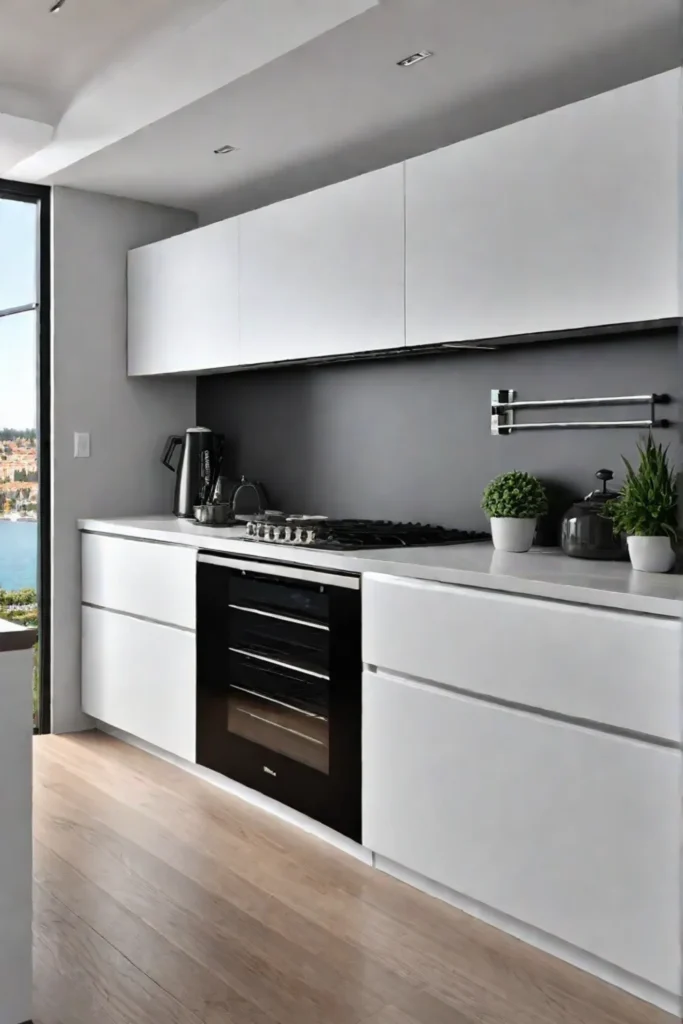 Minimalist white kitchen with gray backsplash