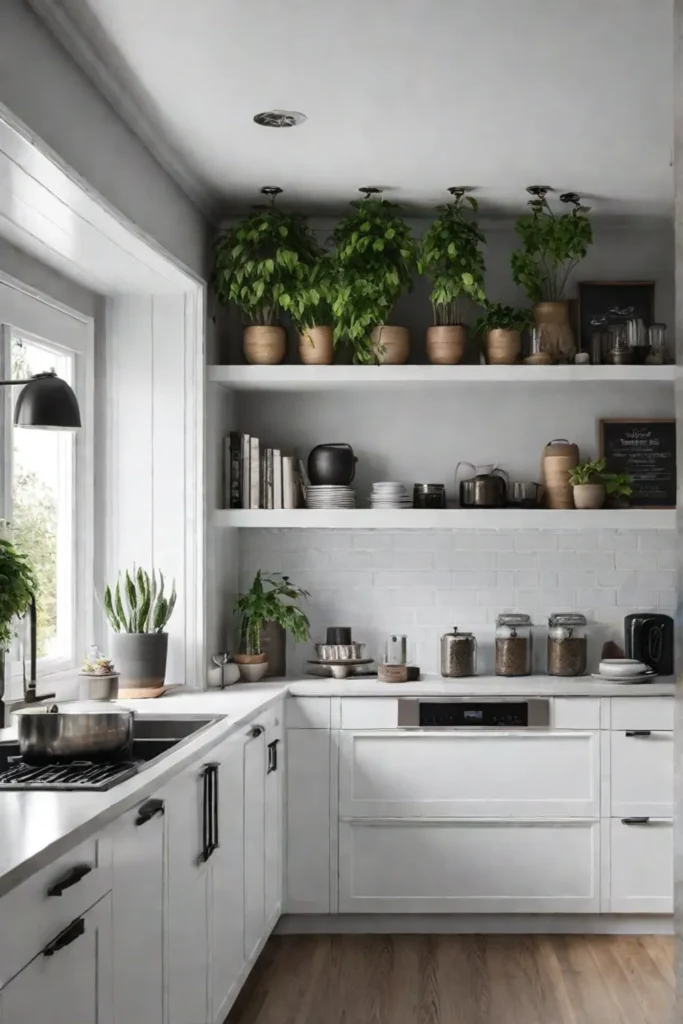 Minimalist white kitchen with open shelving
