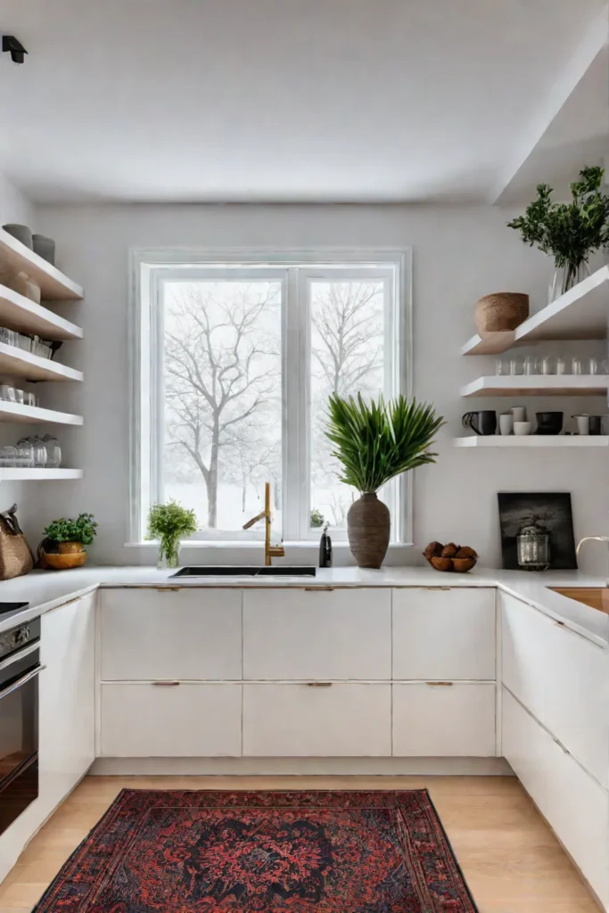 Minimalist white kitchen with pops of color
