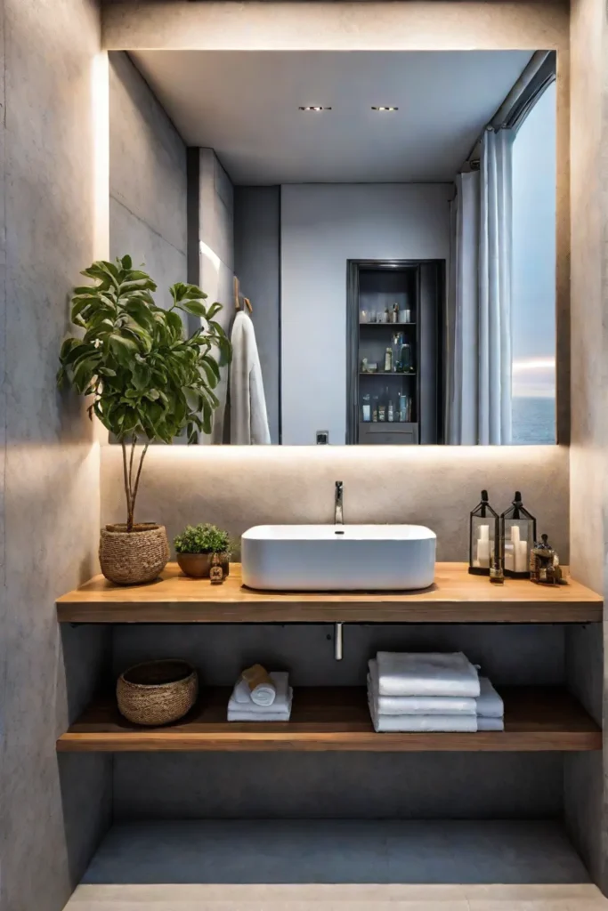 Modern minimalist bathroom with floating vanity and open shelving