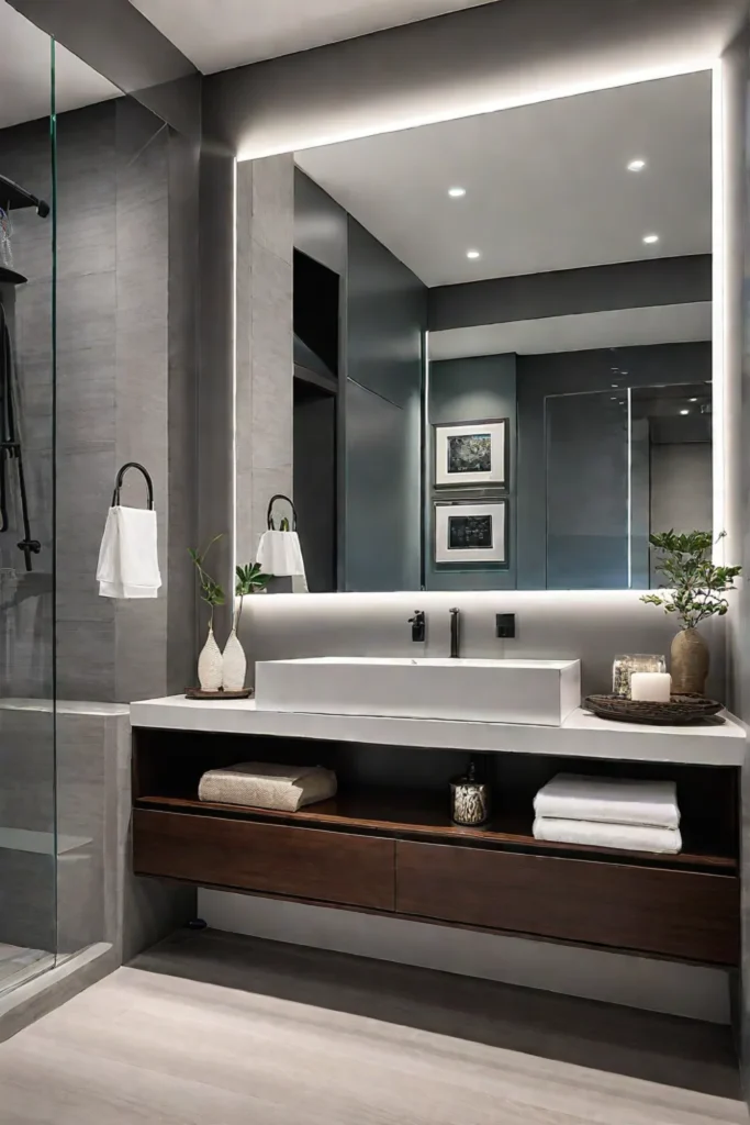Modern small bathroom with ambient and task lighting