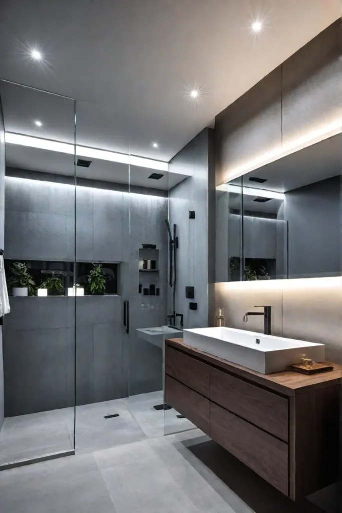 Small bathroom with layered lighting scheme