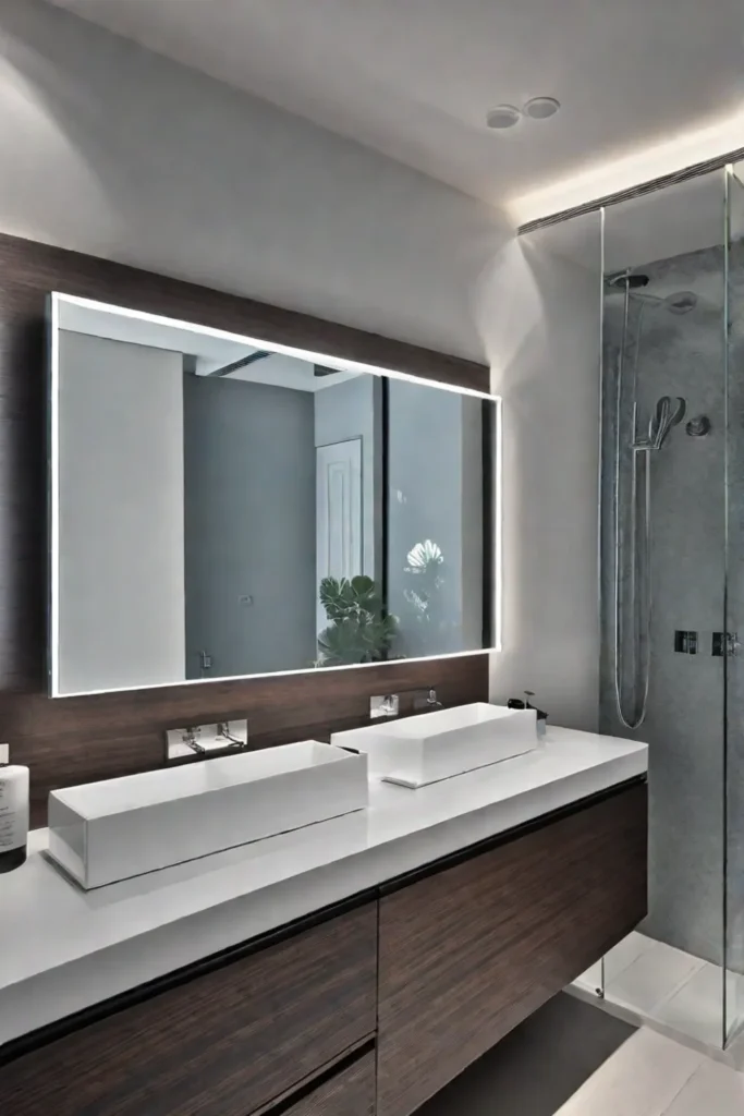 Small bathroom with lightreflecting surfaces