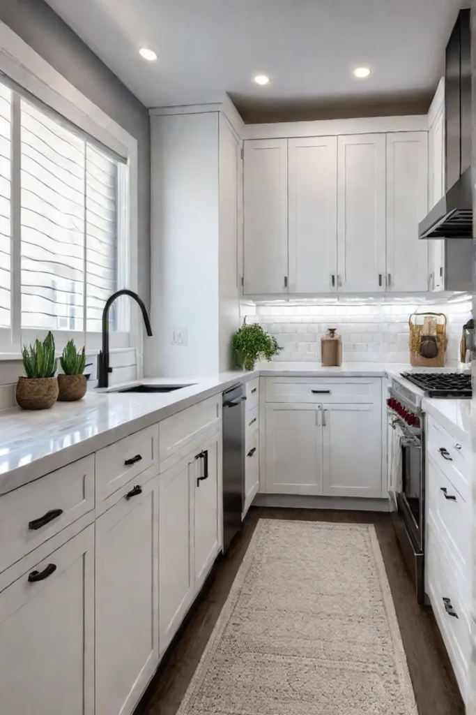 Small white kitchen with quartz countertop
