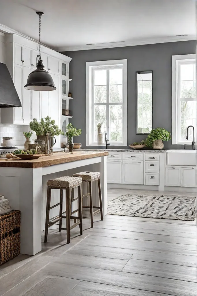 Textured white kitchen with wood countertops and woven accents