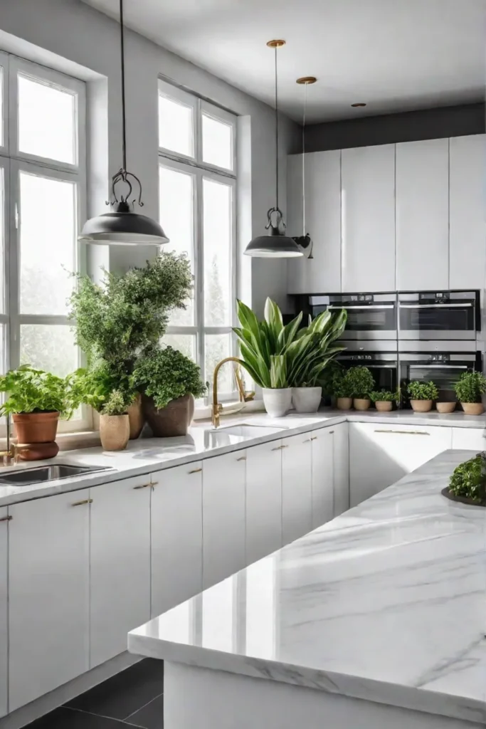 White kitchen with greenery and natural elements for a fresh feel