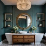 A luxurious bathroom with a vintage dresser repurposed as a vanity toppedfeat