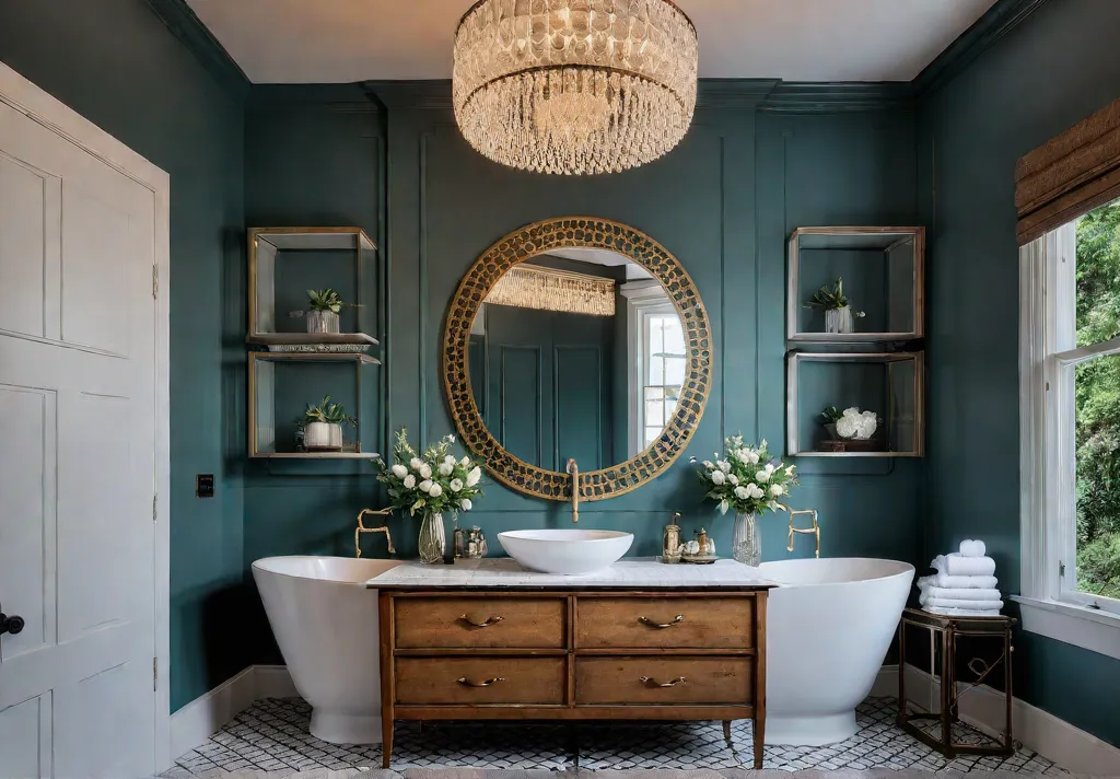 A luxurious bathroom with a vintage dresser repurposed as a vanity toppedfeat