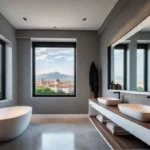 A luxurious modern bathroom featuring a sleek freestanding bathtub a large windowfeat