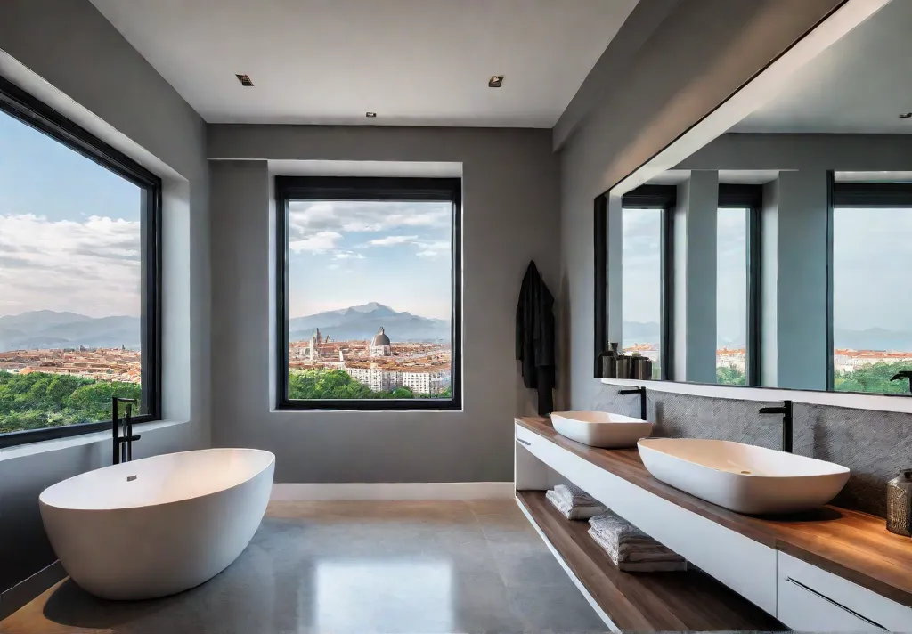 A luxurious modern bathroom featuring a sleek freestanding bathtub a large windowfeat
