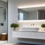 A modern bathroom with a sculptural sink crafted from sleek white concretefeat