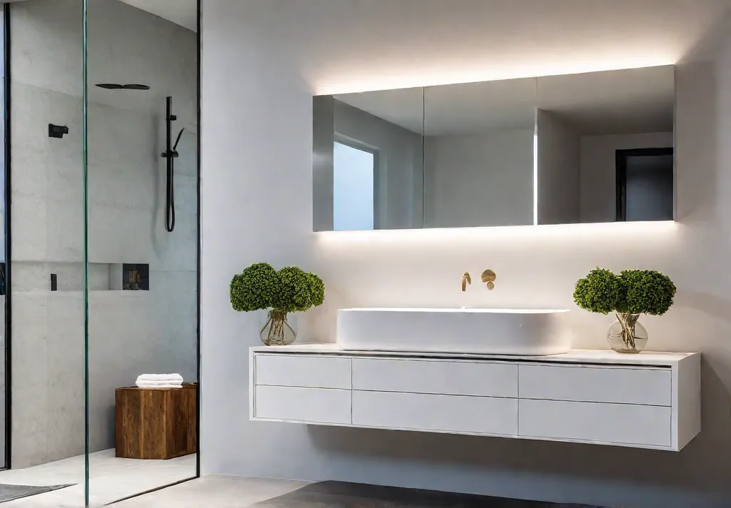 A modern bathroom with a sculptural sink crafted from sleek white concretefeat