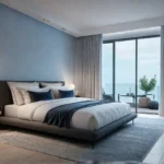 A serene bedroom sanctuary with cool blues and muted grays bathed infeat