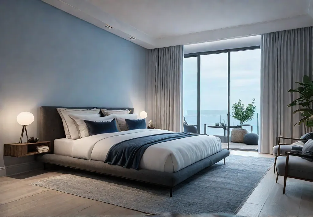 A serene bedroom sanctuary with cool blues and muted grays bathed infeat