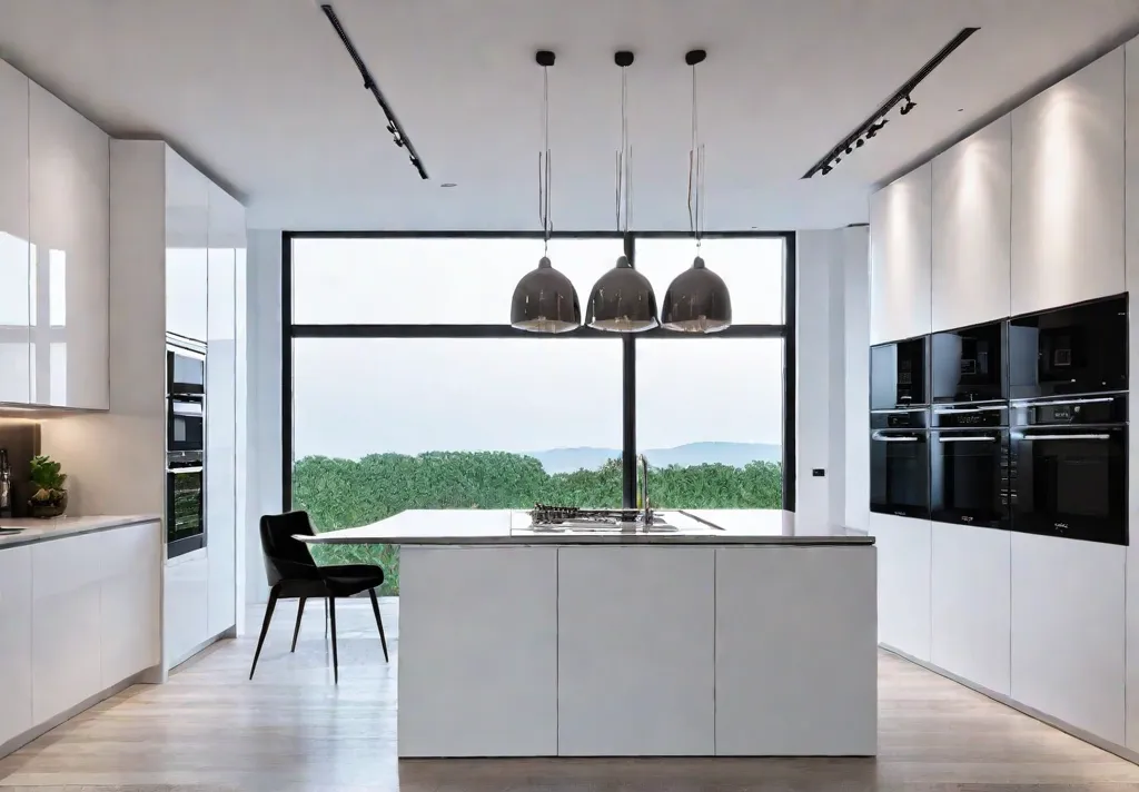 A small brightly lit kitchen with a minimalist design featuring lightcolored wallsfeat