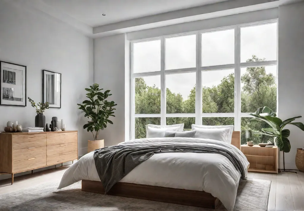 A small but airy bedroom with white walls and a large windowfeat