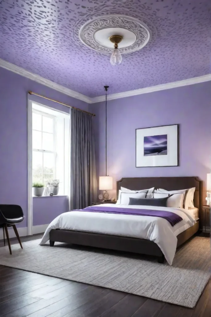 Bedroom with a lavender ceiling for height