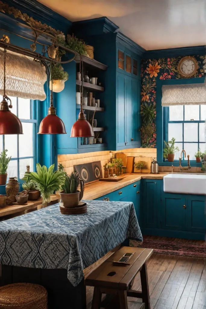 Bohemian kitchen with open shelving displaying a collection of colorful ceramics