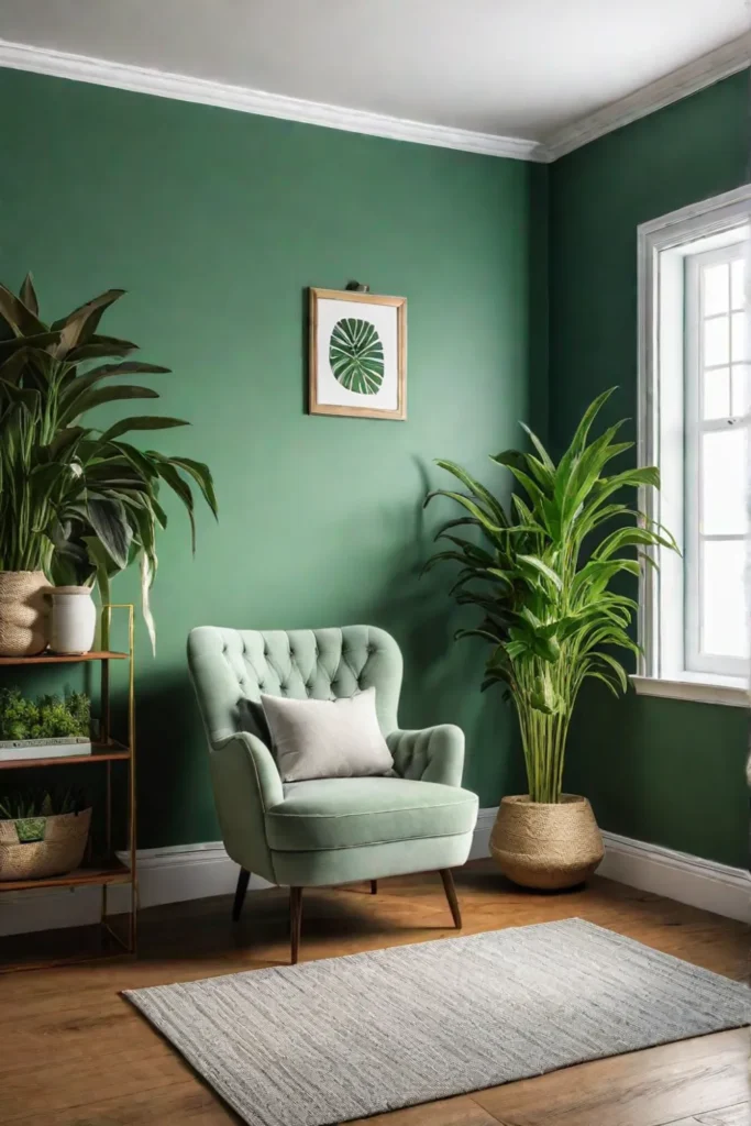 Calming green bedroom with warm lighting