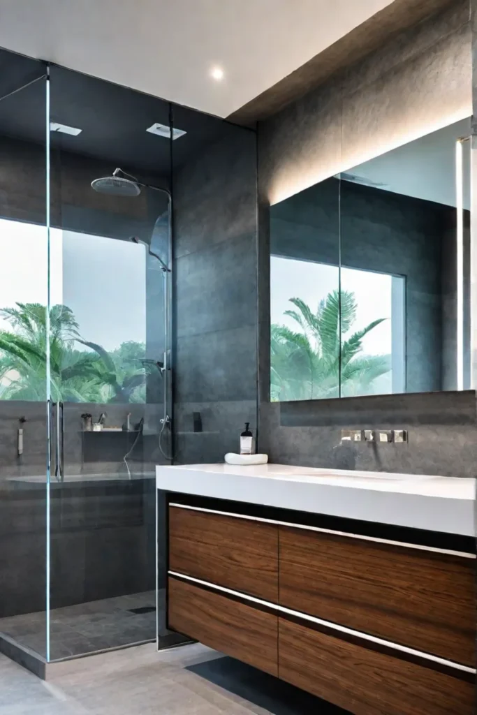 Clean bathroom design undermount sink largeformat tiles