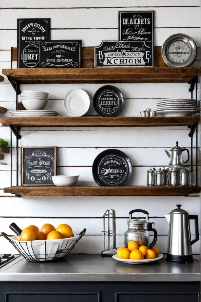 Farmhouse kitchen with a vintage clock displayed on a reclaimed wood accent wall