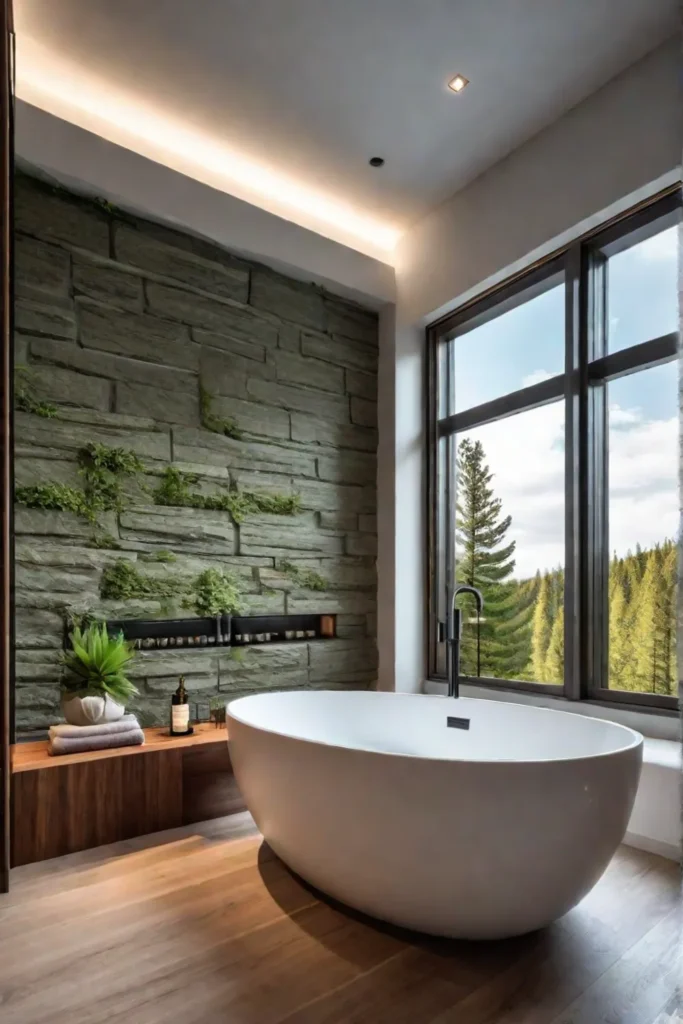 Forest view bathroom natural light freestanding tub