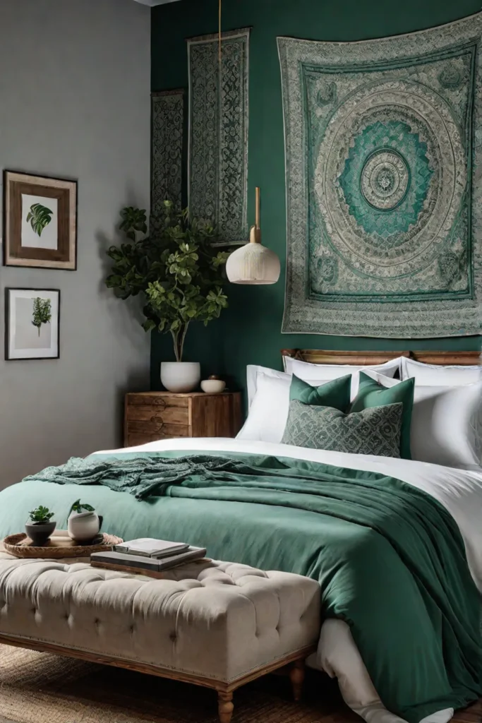 Harmonious bedroom with green color scheme and natural textures
