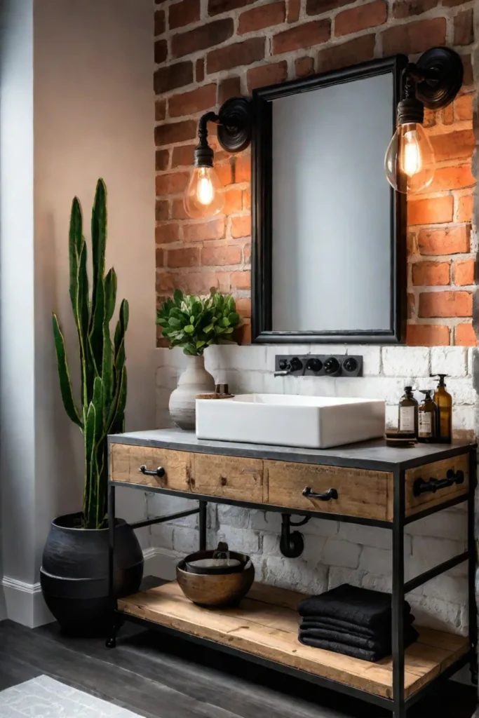 Industrial bathroom exposed brick reclaimed wood vanity