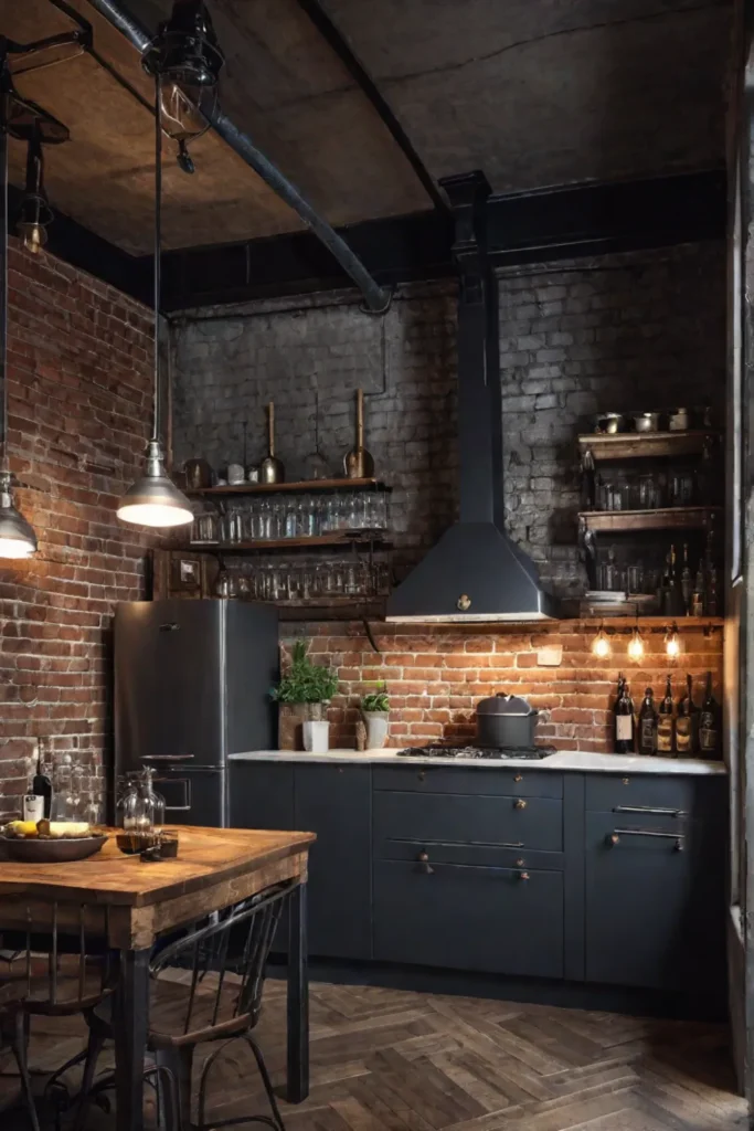 Industrial kitchen with a metal pot rack suspended from the ceiling