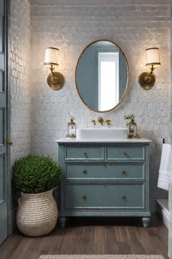 Luxurious bathroom vintage dresser vanity peelandstick tile