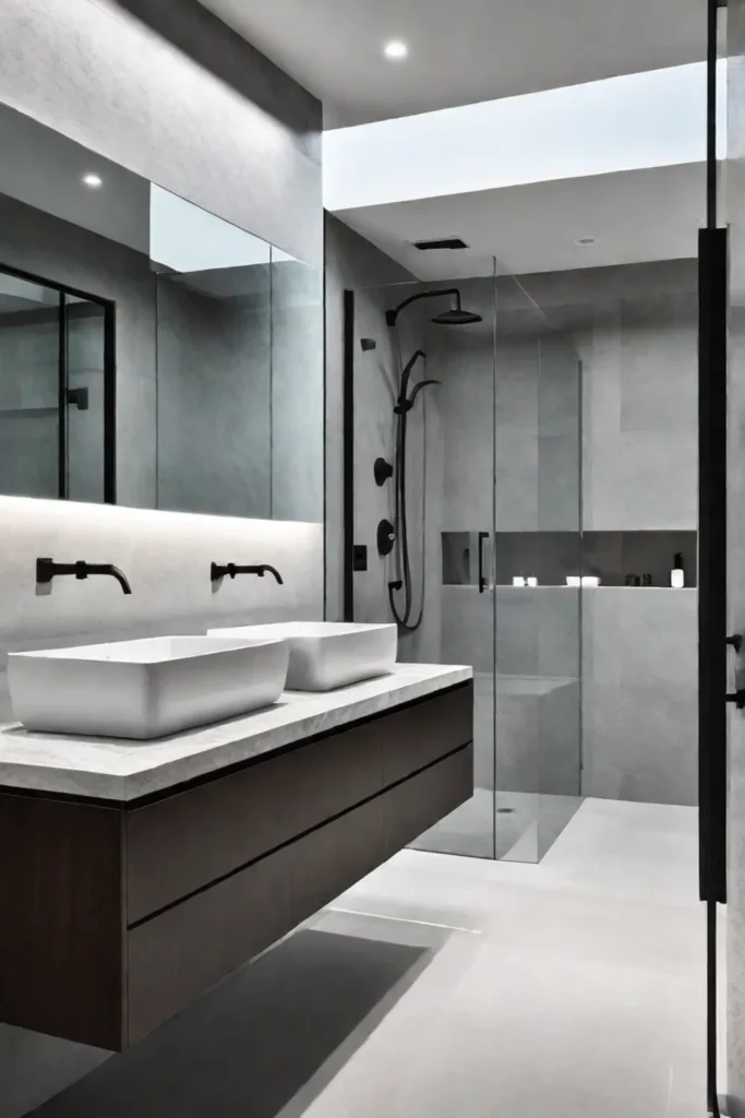 Minimalist bathroom porcelain tiles floating vanity