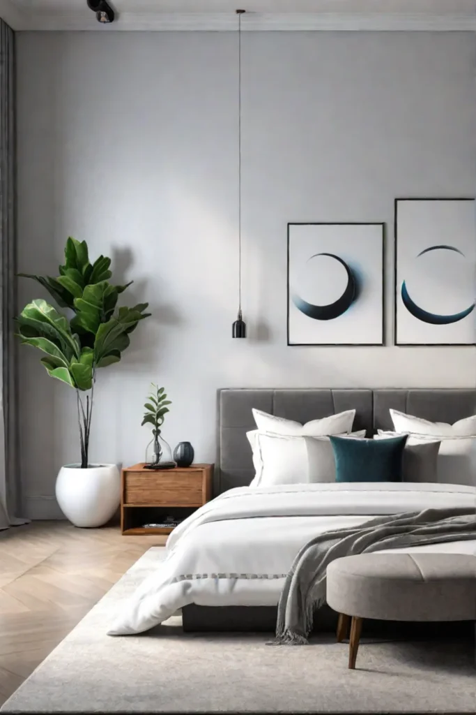 Minimalist bedroom with gray walls and abstract art