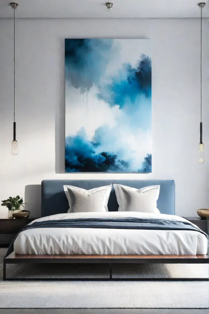 Minimalist bedroom with white walls and abstract art