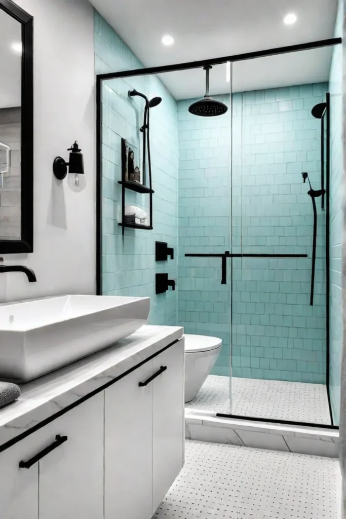Modern bathroom engineered quartz vanity matte black fixtures