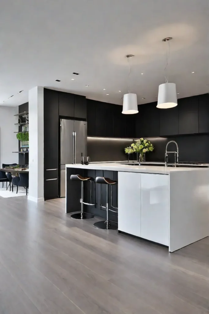 Modern kitchen with a waterfall island and sleek handleless cabinets