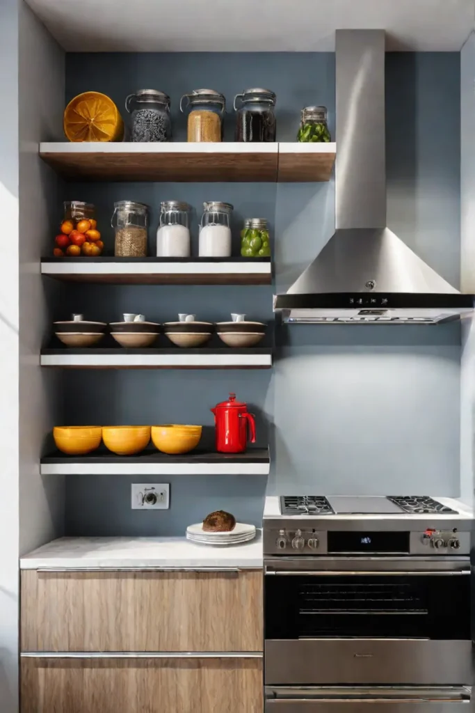 Organized open shelving in a small kitchen