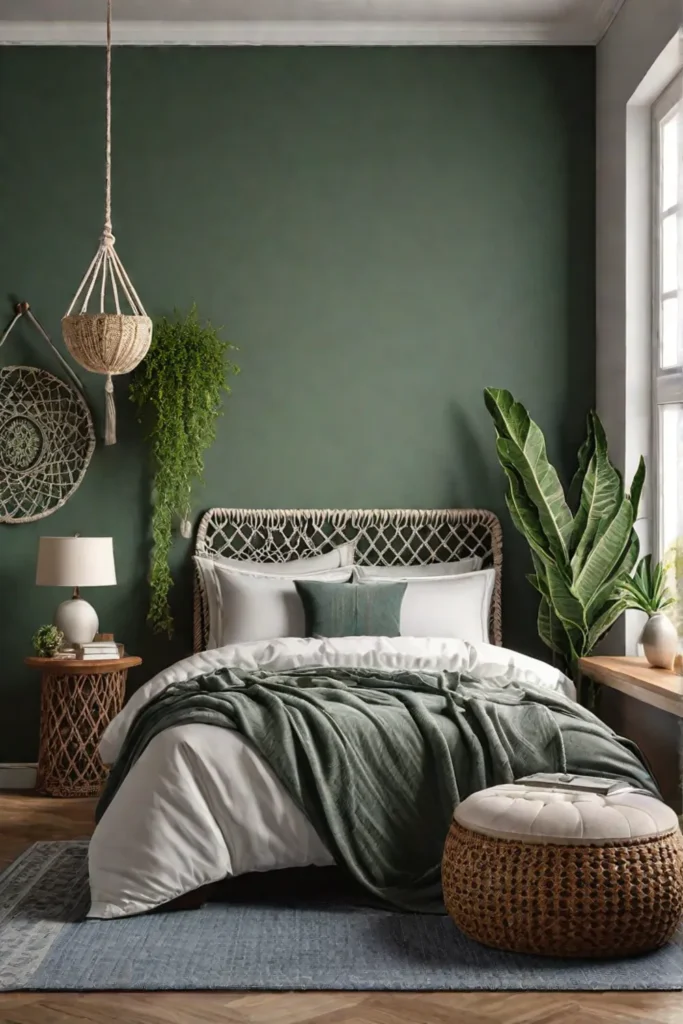 Relaxing bedroom with green walls and natural textures