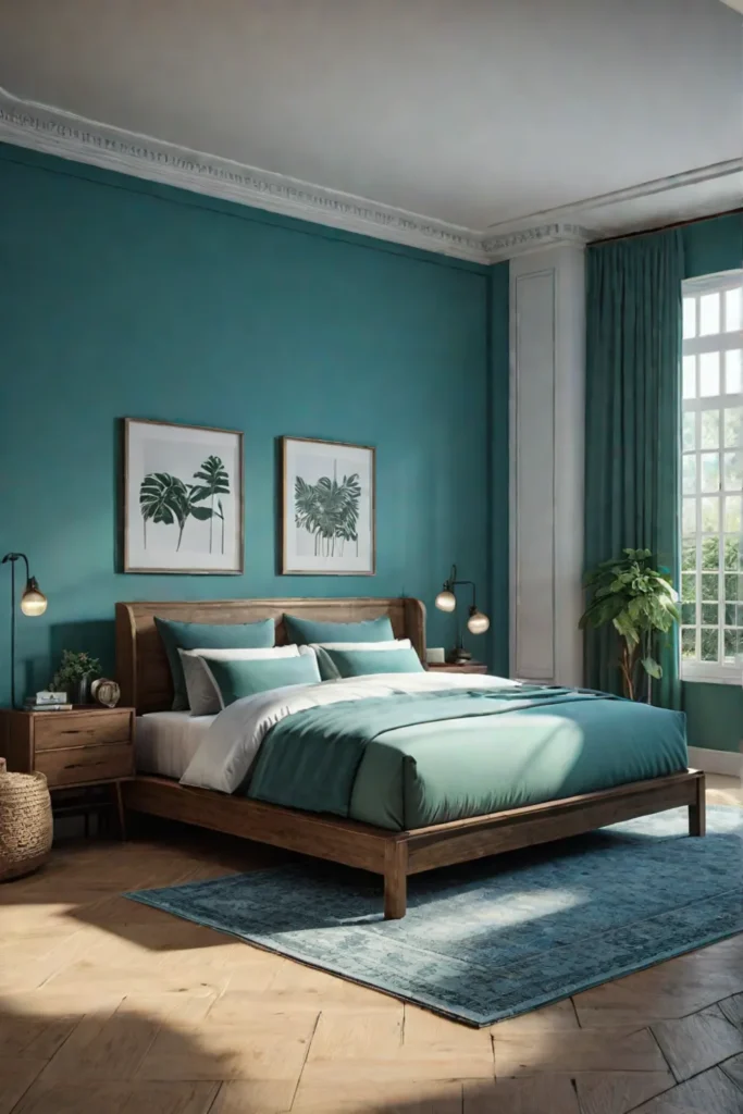 Serene bedroom with bluegreen walls and garden views