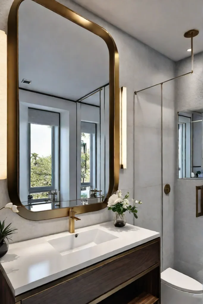 Small bathroom with gold accents and compact vanity